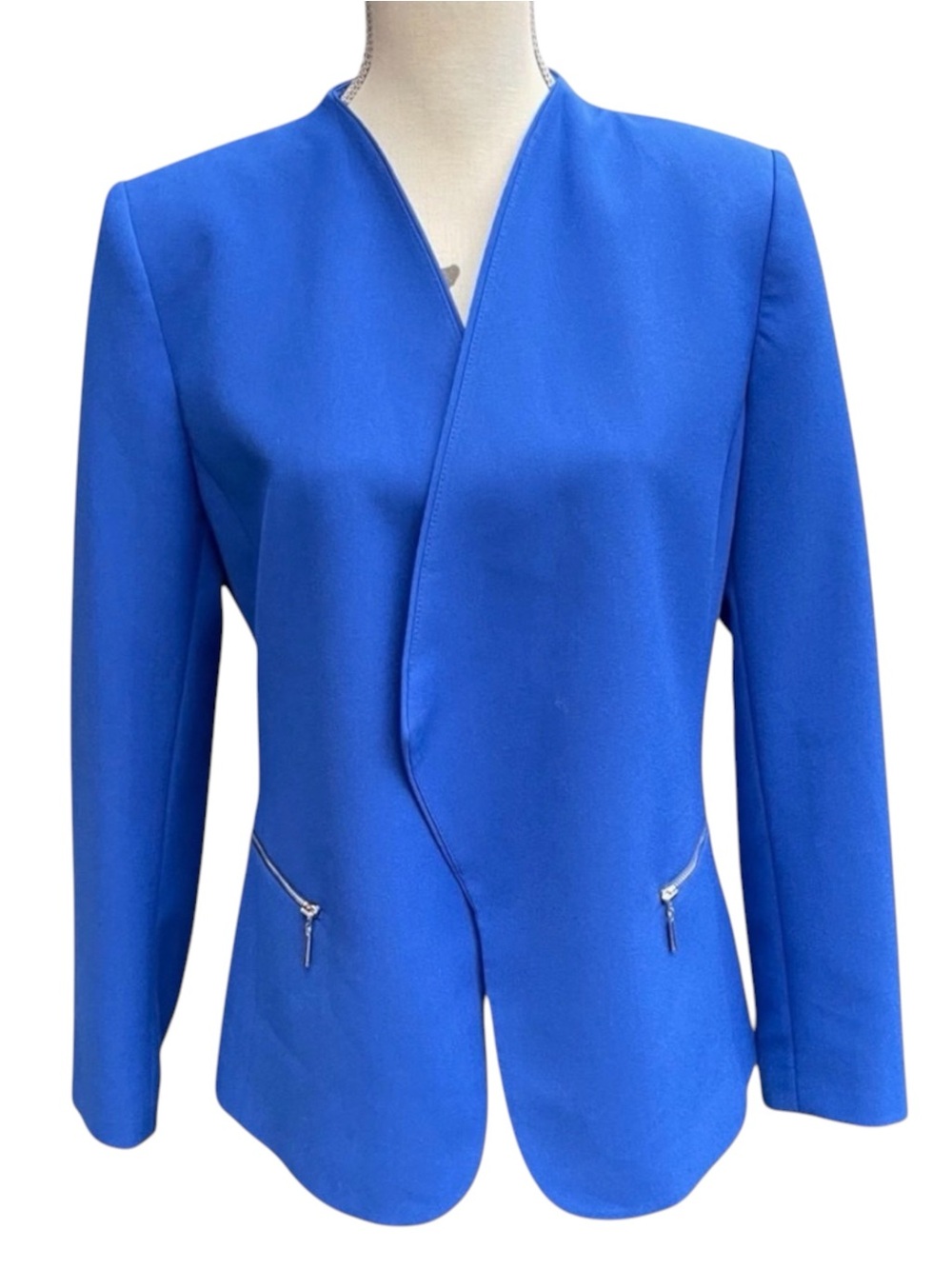 Tahari ASL Cobalt Blue Open Front Zipper Pocket Blazer Jacket (10)